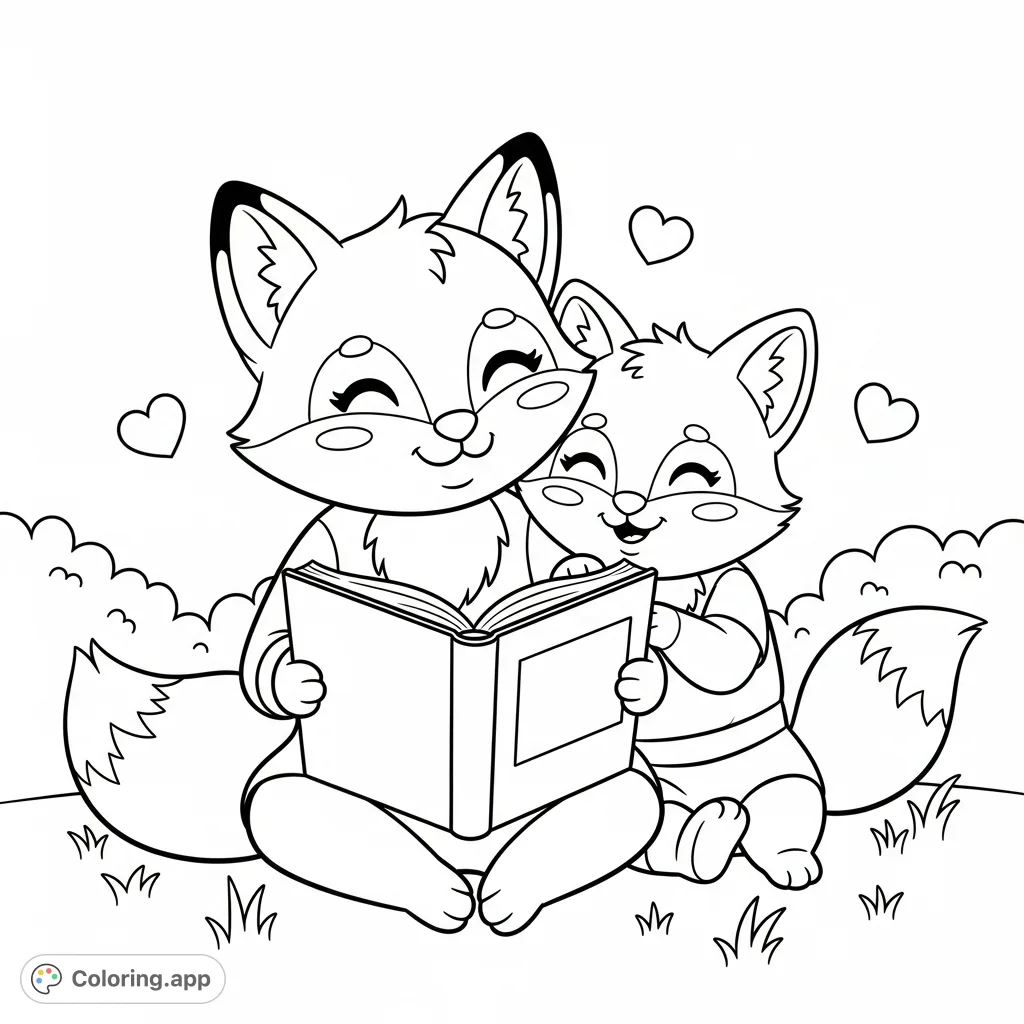A charming kawaii fox coloring page featuring two siblings sharing a storybook, surrounded by floating hearts and simple nature elements. Cozy and sweet!