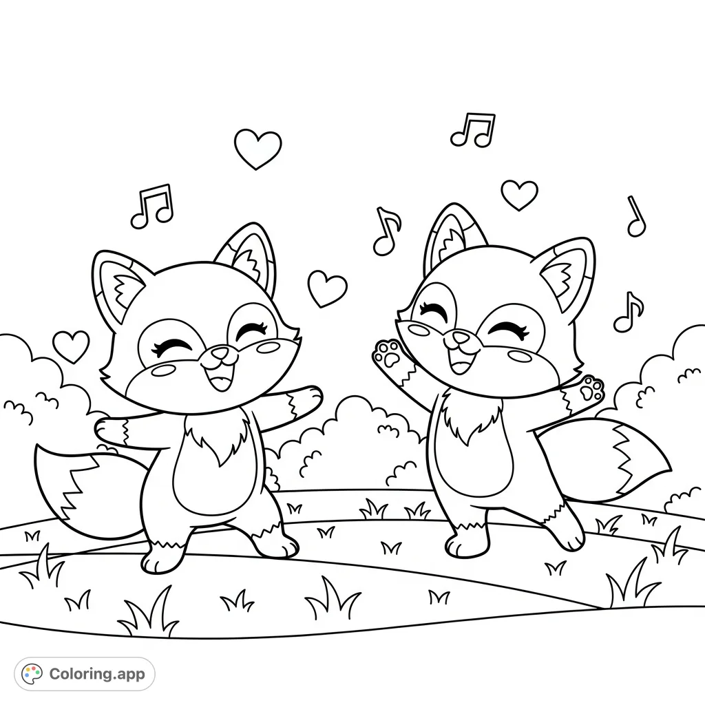 Adorable kawaii foxes joyfully dance amidst floating hearts and music notes. A charming, simple scene perfect for a delightful coloring experience.