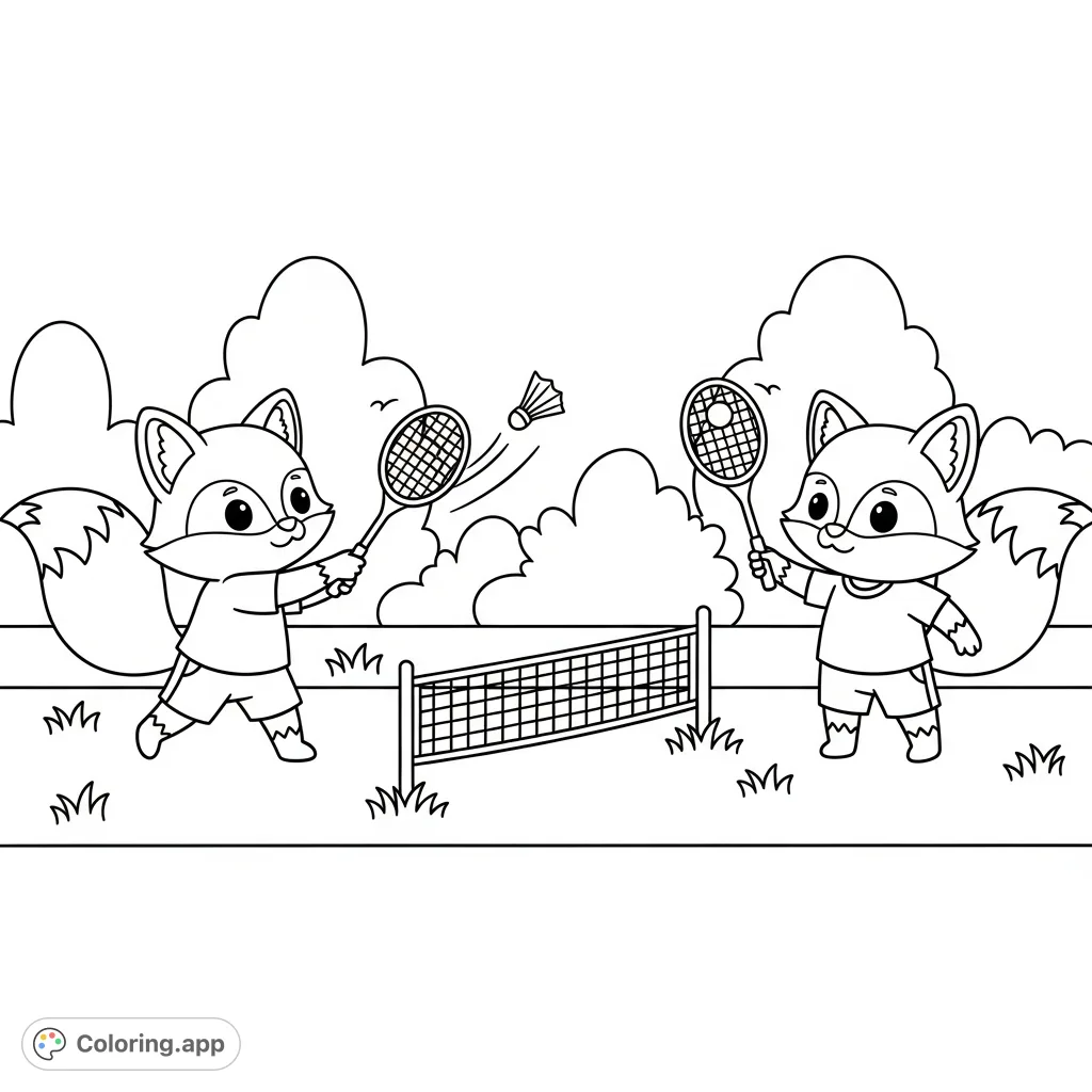 Engage in a delightful badminton match with two adorable kawaii foxes! This fun coloring page features cute characters, a net, rackets, and shuttlecock.