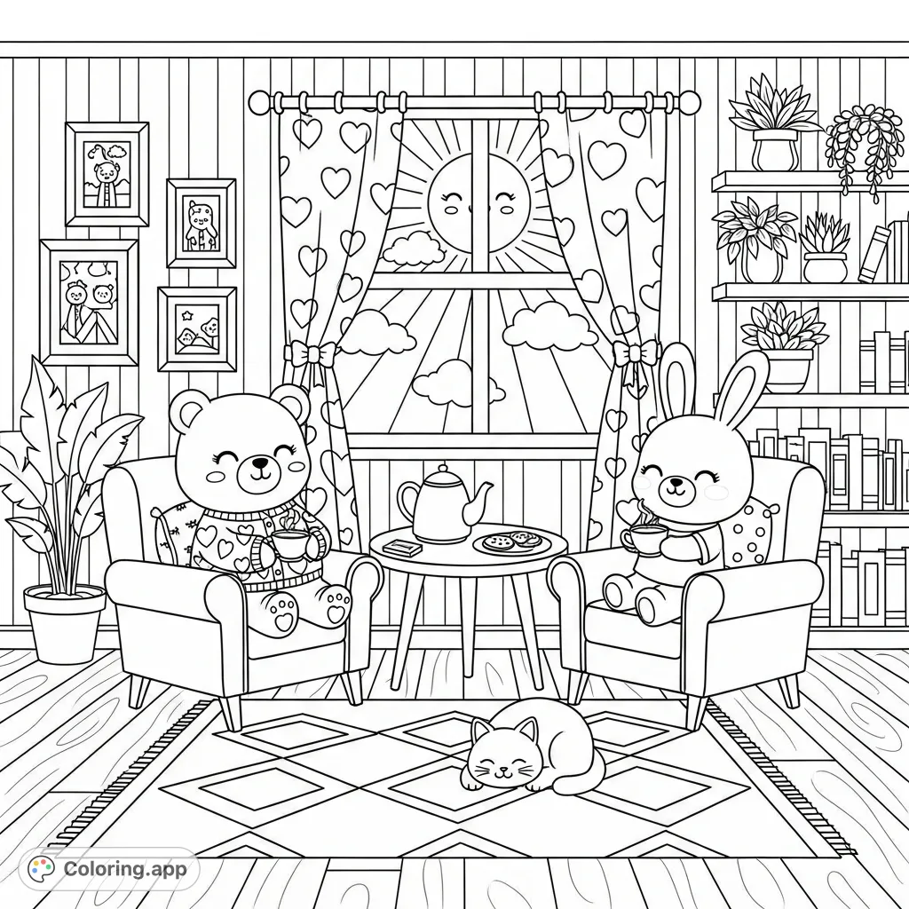 A delightful Kawaii bear and bunny enjoy a peaceful morning tea, surrounded by charming room details and a sunny window. Perfect for easy coloring!