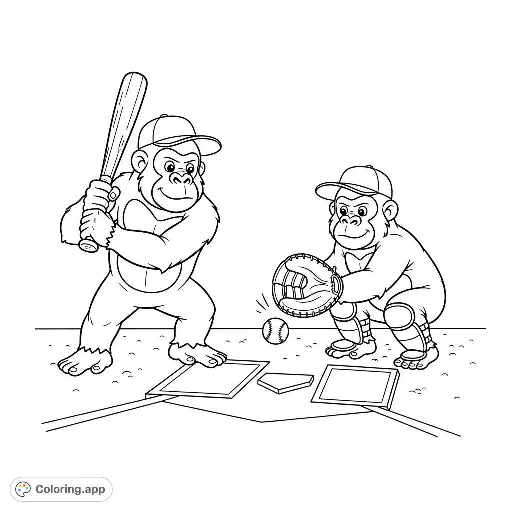 A delightful kawaii gorilla baseball coloring page featuring two happy gorillas playing at home plate. One bats, the other catches. A charming and playful scene awaits your creative touch!
