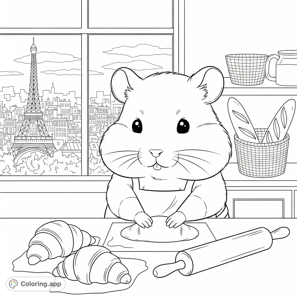 A charming kawaii hamster in an apron bakes croissants with a Paris view. A delightful scene for creative coloring and relaxation.