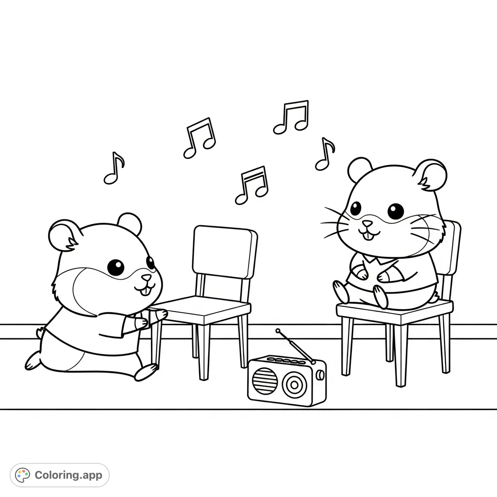 A delightful kawaii hamsters coloring page featuring two adorable hamsters, simple chairs, a radio, and musical notes in a charming, cozy setting.