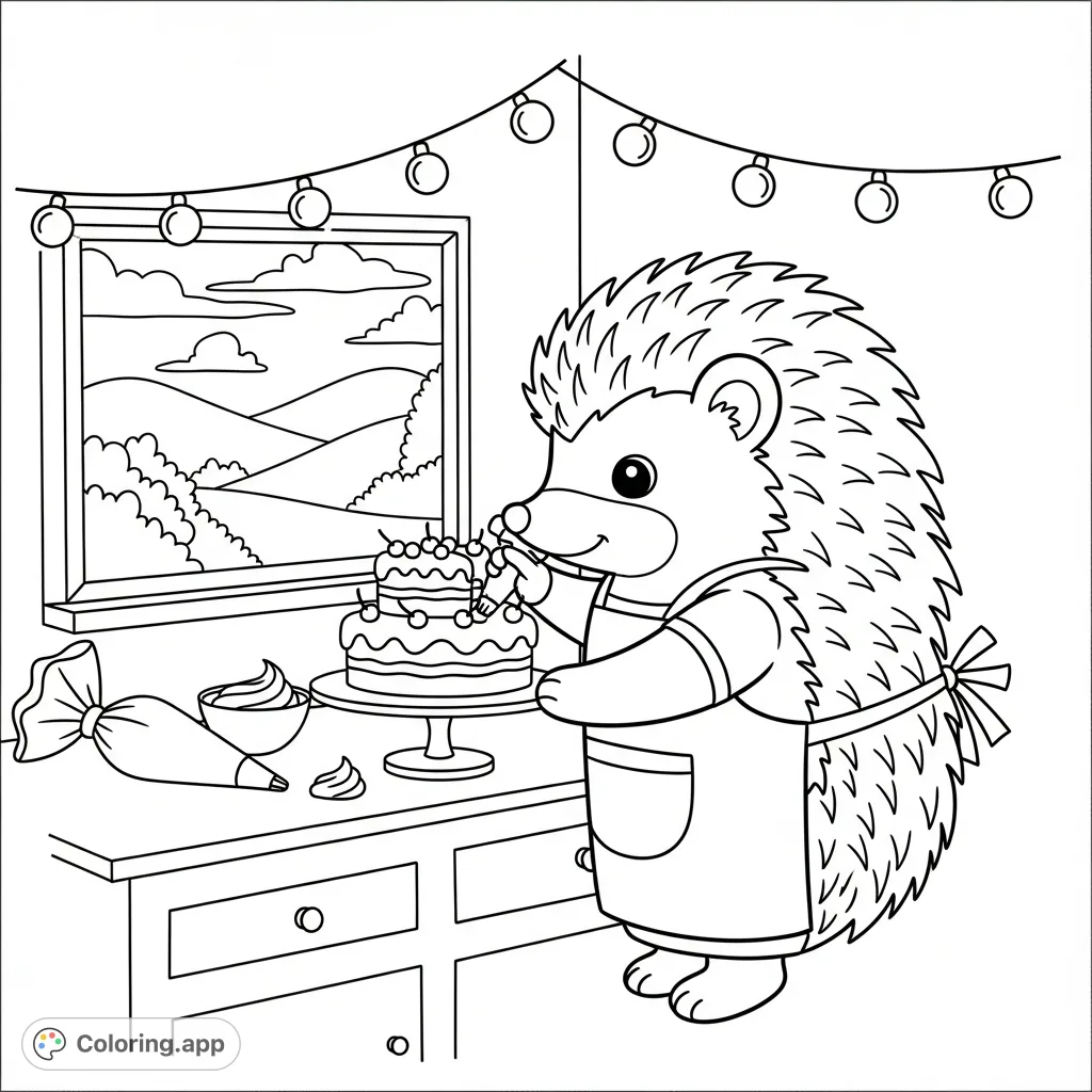 Enjoy this adorable kawaii hedgehog meticulously decorating a cake, complete with an apron, piping bag, and cozy string lights in the background. Perfect for relaxation!