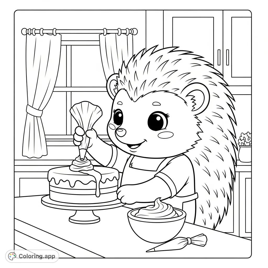 An adorable anthropomorphic hedgehog in an apron expertly decorates a layered cake in a cozy kitchen, perfect for young colorists. A charming, free printable coloring page.