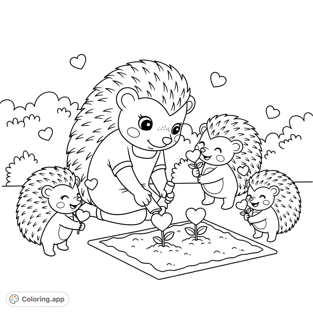 An adorable kawaii hedgehog family plants heart-shaped flowers in a charming garden. This heartwarming scene brings joy and creativity to life.