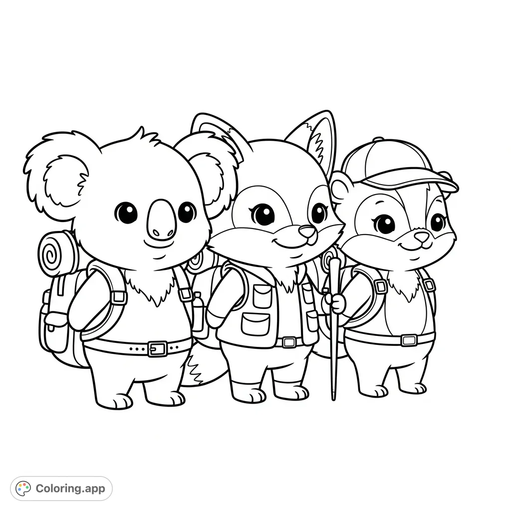 Adorable kawaii animal friends—a koala, fox, and skunk—are ready for a charming hiking adventure. Perfect for a fun, free printable coloring page.