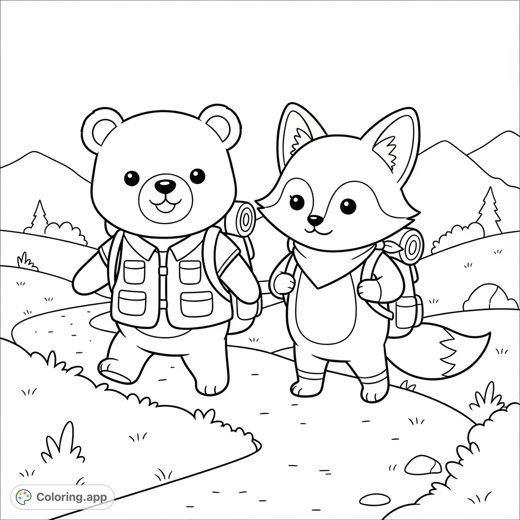 Two adorable kawaii bear and fox friends hike a mountain trail, sharing a cheerful adventure. Perfect for a delightful coloring experience.
