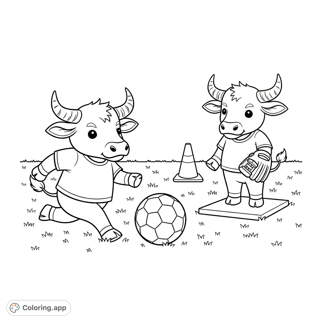 Two happy kawaii water buffalo play kickball on a grassy field, one ready to kick, the other poised to catch. A delightful scene for coloring.