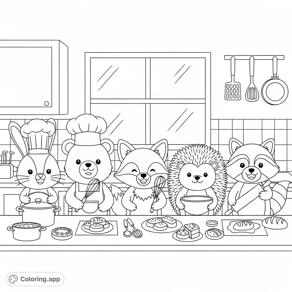 Five happy kawaii animals—bunny, bear, fox, hedgehog, and raccoon—team up in a cozy kitchen, preparing delightful baked goods. A charming scene for any coloring enthusiast.