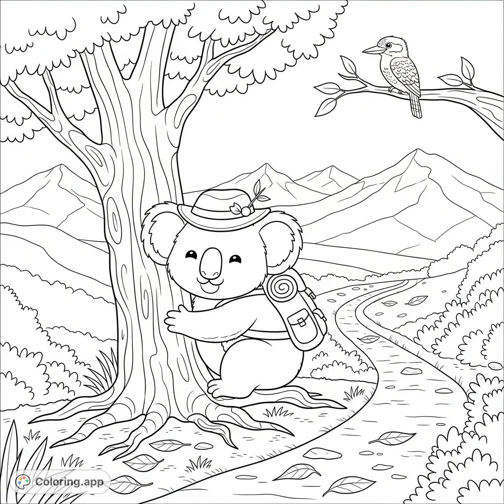Discover a happy kawaii koala wearing a hat and backpack, relaxing against a tree on a mountain trail with a kookaburra and scenic vista.