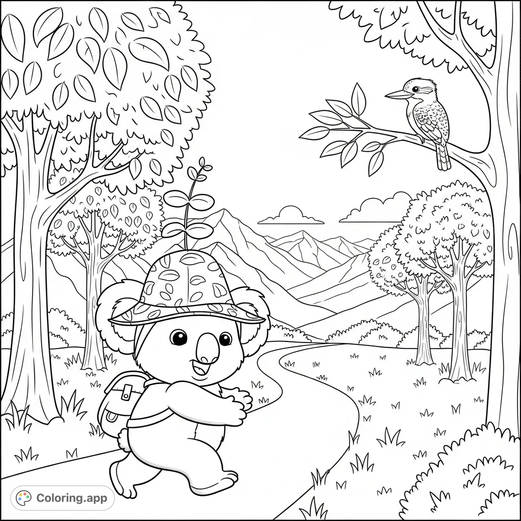A charming kawaii koala with a eucalyptus hat and backpack walks a scenic trail, overlooked by a kookaburra and distant mountains. A delightful free printable coloring page.