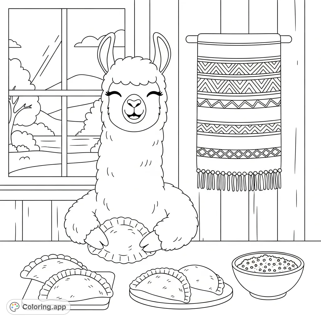A delightful kawaii llama busily crimps empanada pastries at a kitchen counter, surrounded by delicious treats and charming details. A cozy baking scene.