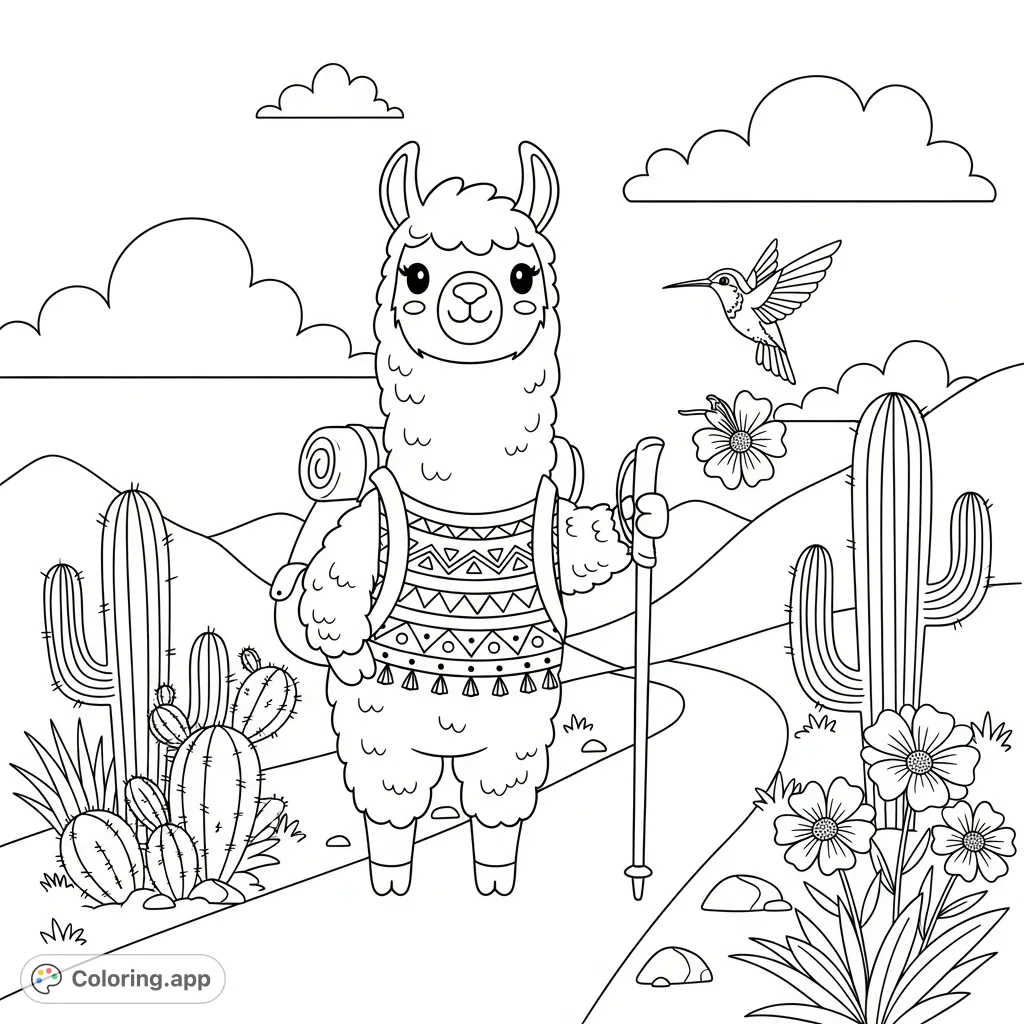 Embark on a charming journey with a kawaii llama hiking a mountain trail, complete with a patterned vest, backpack, desert plants, and a hovering hummingbird.