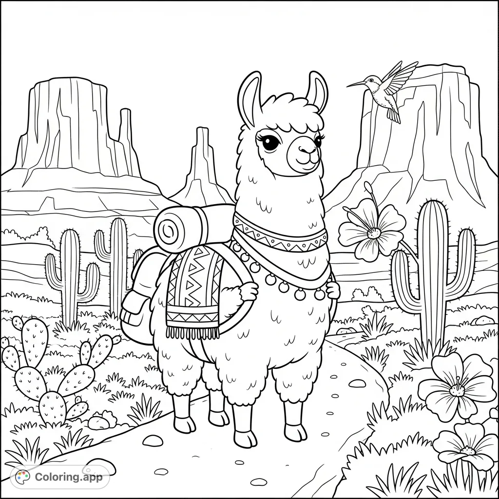 Embark on a delightful adventure with this kawaii llama coloring page, featuring a charming llama hiking a mountain trail amidst desert flora and majestic mesas.