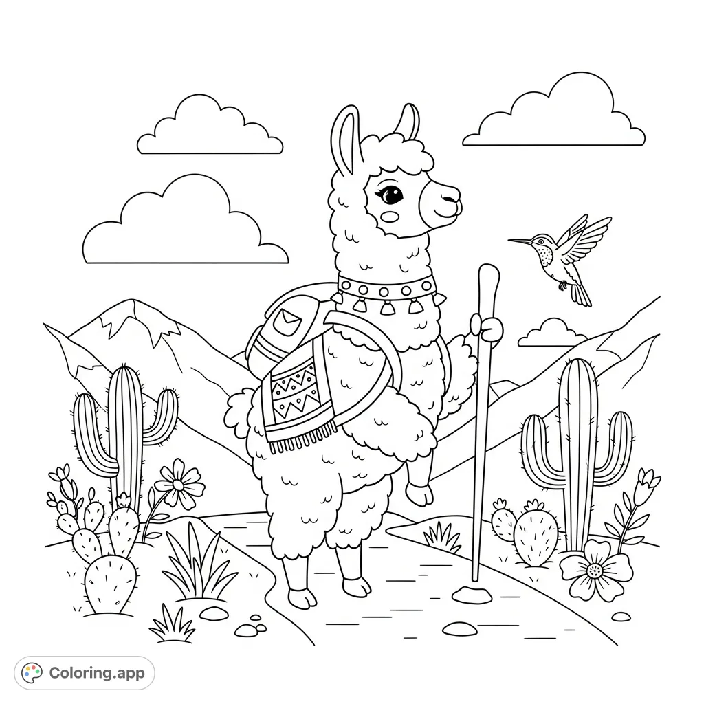 Embark on a charming mountain adventure with a happy kawaii llama, complete with a hiking stick, blanket vest, and backpack, amidst desert flora and a hovering hummingbird.