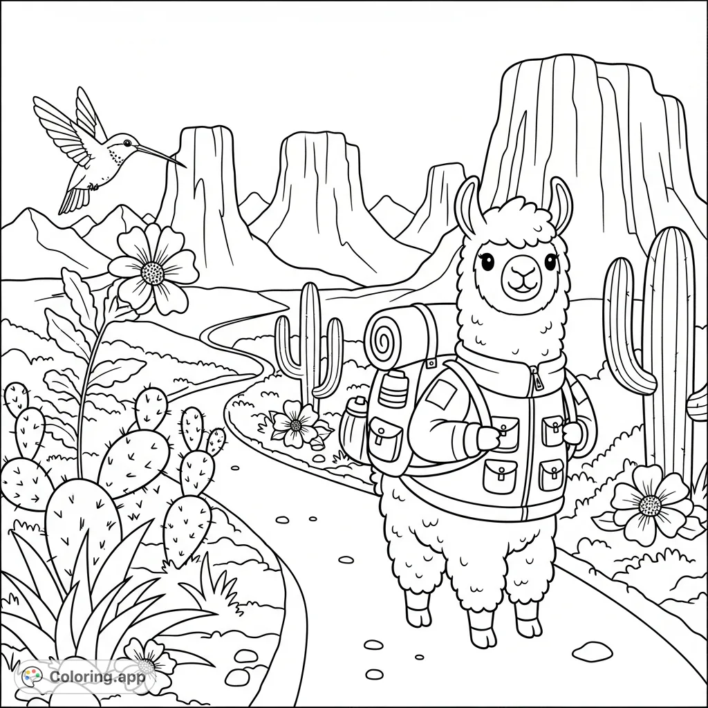 Embark on an adorable desert adventure with this kawaii llama coloring page, featuring a charming llama hiking a mountain trail amidst cacti and mesas.
