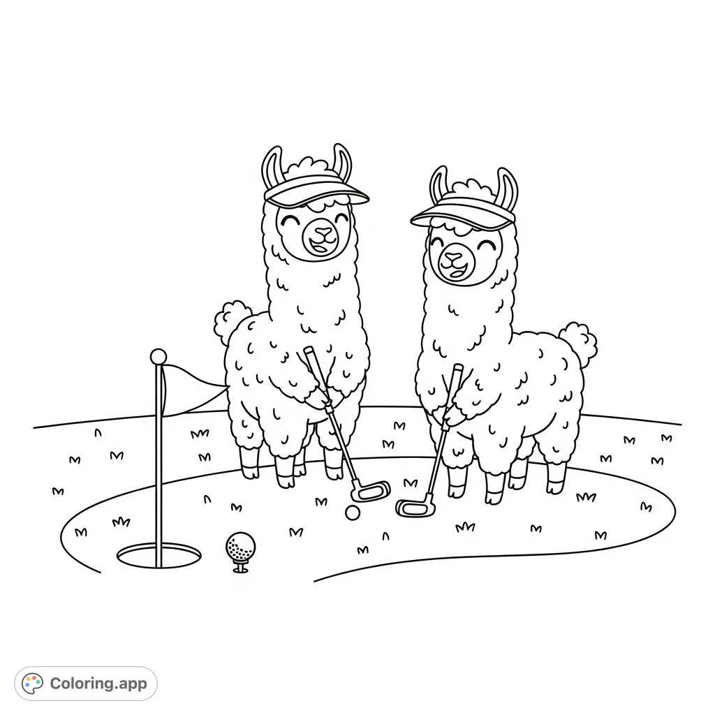 Happy kawaii llamas play mini golf, putting a ball towards the hole on a textured green. A charming and fun scene for creative expression.