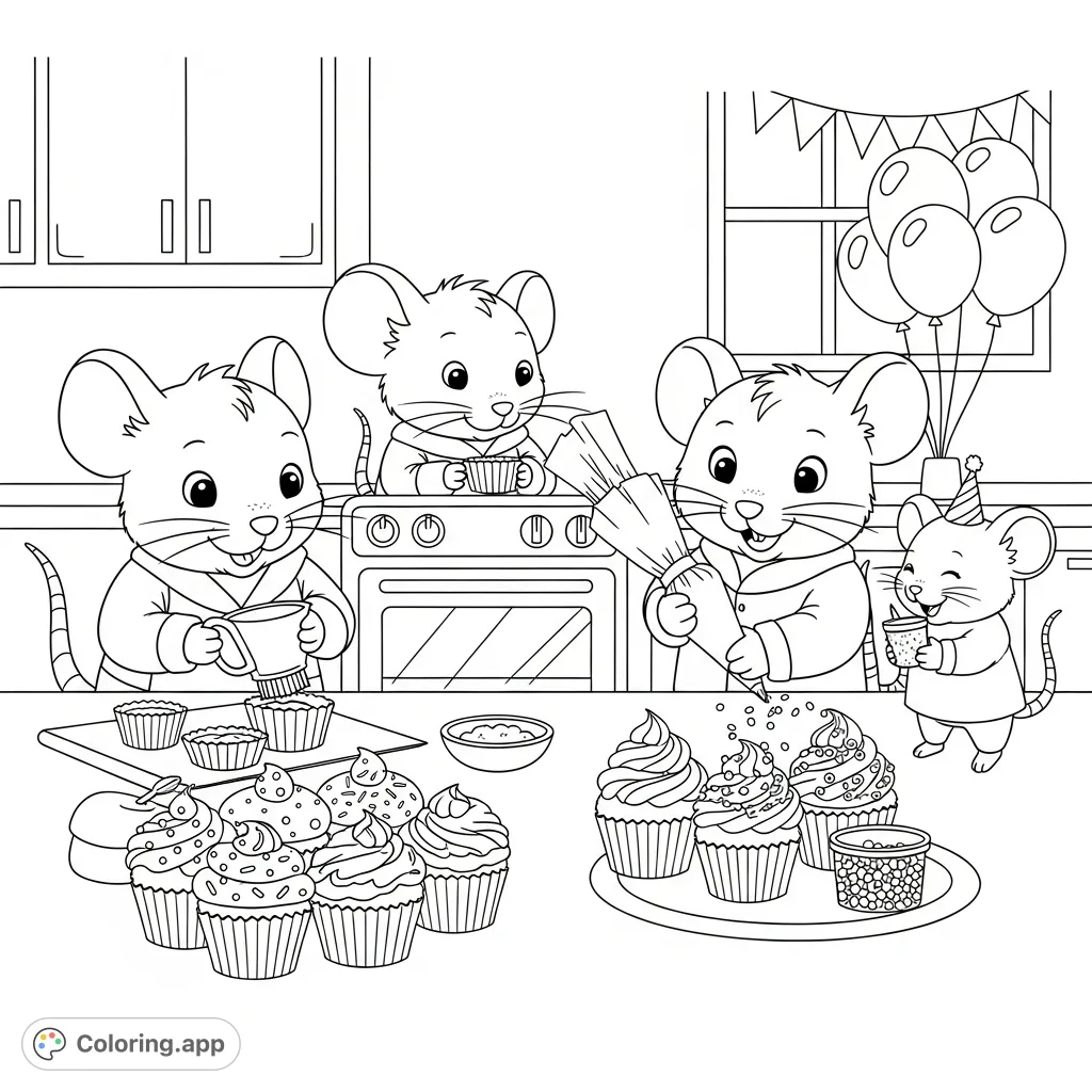 Four adorable kawaii mice bake and decorate cupcakes with distinct expressions, surrounded by festive balloons and sweet treats in a cozy kitchen.