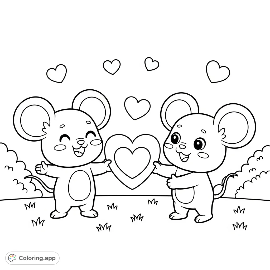 A charming kawaii mice coloring page depicts two adorable mice exchanging a heart-shaped valentine. Floating hearts and simple bushes complete this sweet scene.