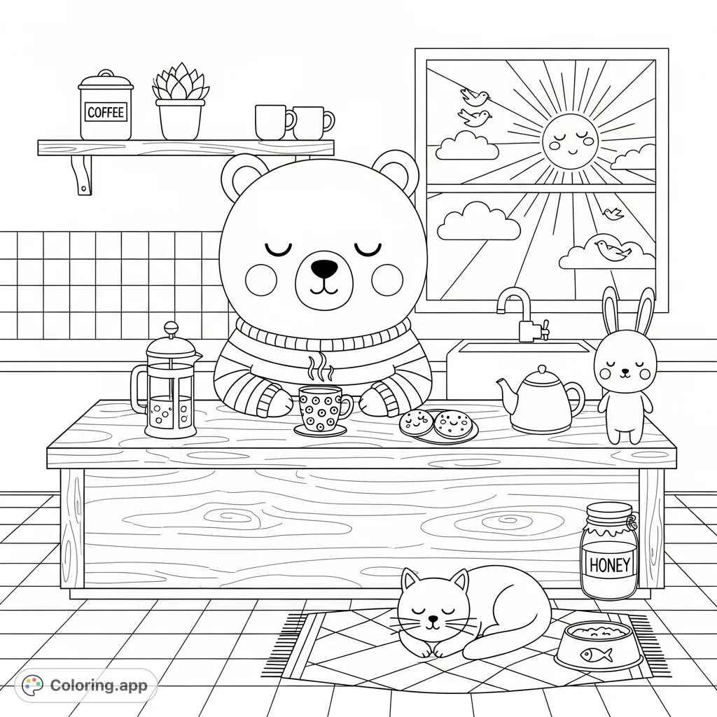 A charming kawaii bear enjoys morning coffee in a cozy kitchen, surrounded by a bunny, sleeping cat, and delightful details. Perfect for all ages!