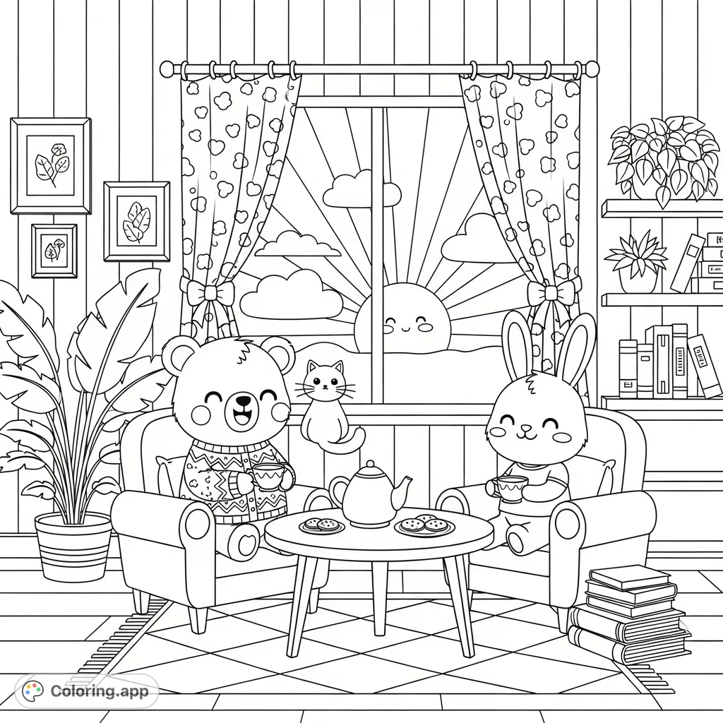 Join a kawaii bear and bunny for a cozy morning tea in a charming living room filled with intricate details, warm light, and delightful patterns.