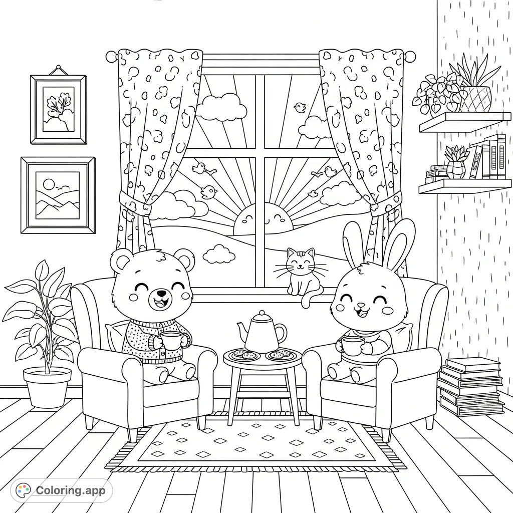 A delightful kawaii bear and bunny share morning tea in a cozy living room, complete with patterned furniture, a sunrise window, and charming details.