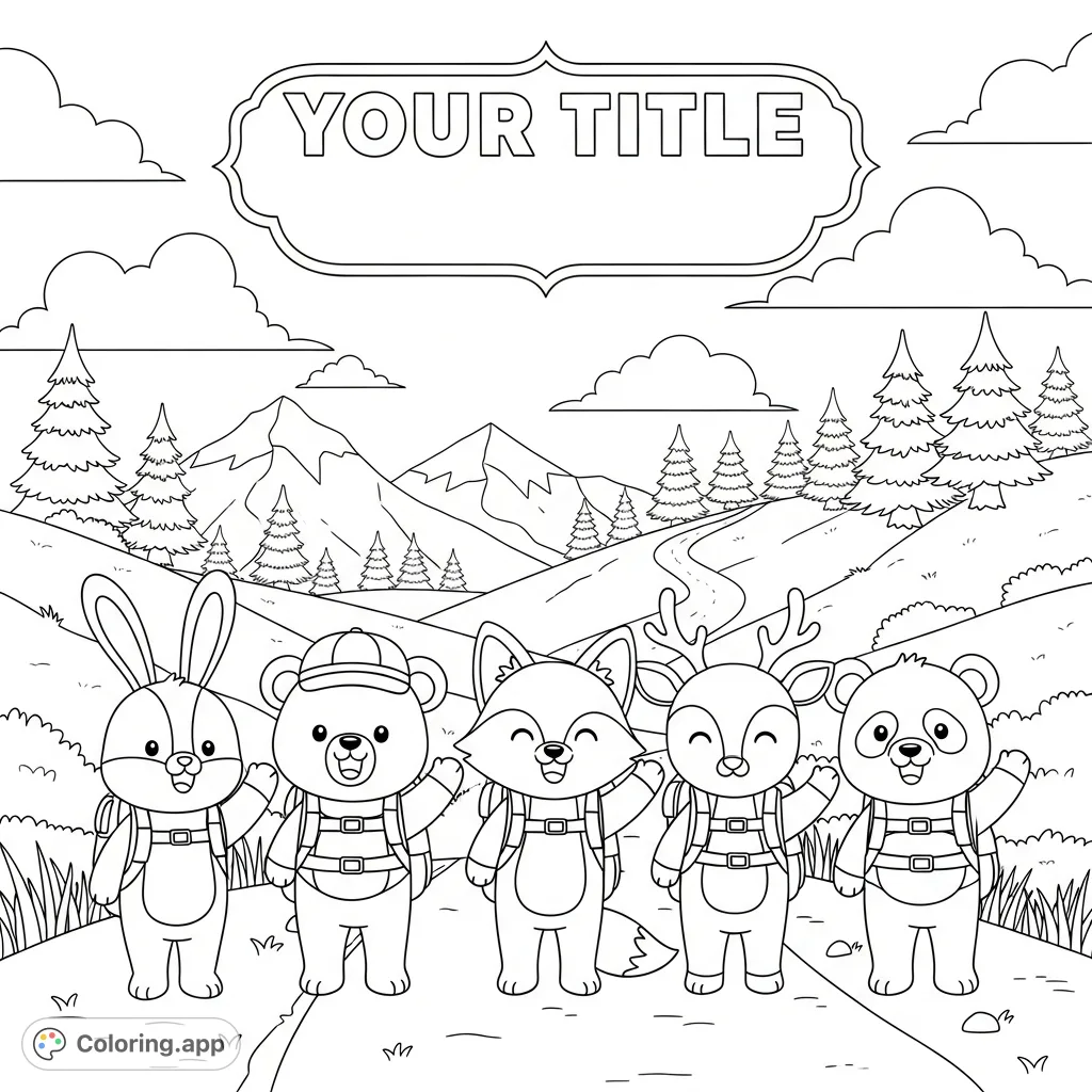 A delightful kawaii animal group, including a bunny, bear, fox, deer, and panda, waves from a mountain trail. Perfect for a cozy outdoor adventure coloring experience.