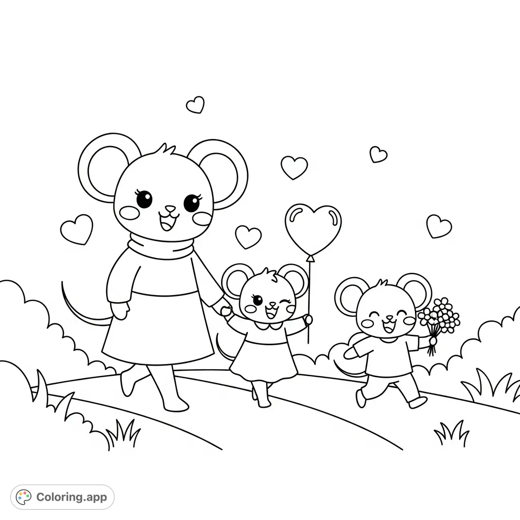 Join a heartwarming kawaii mouse family, mom, daughter, and son, on a delightful stroll. Features a heart balloon, flowers, and cheerful expressions. Perfect for joyful coloring!