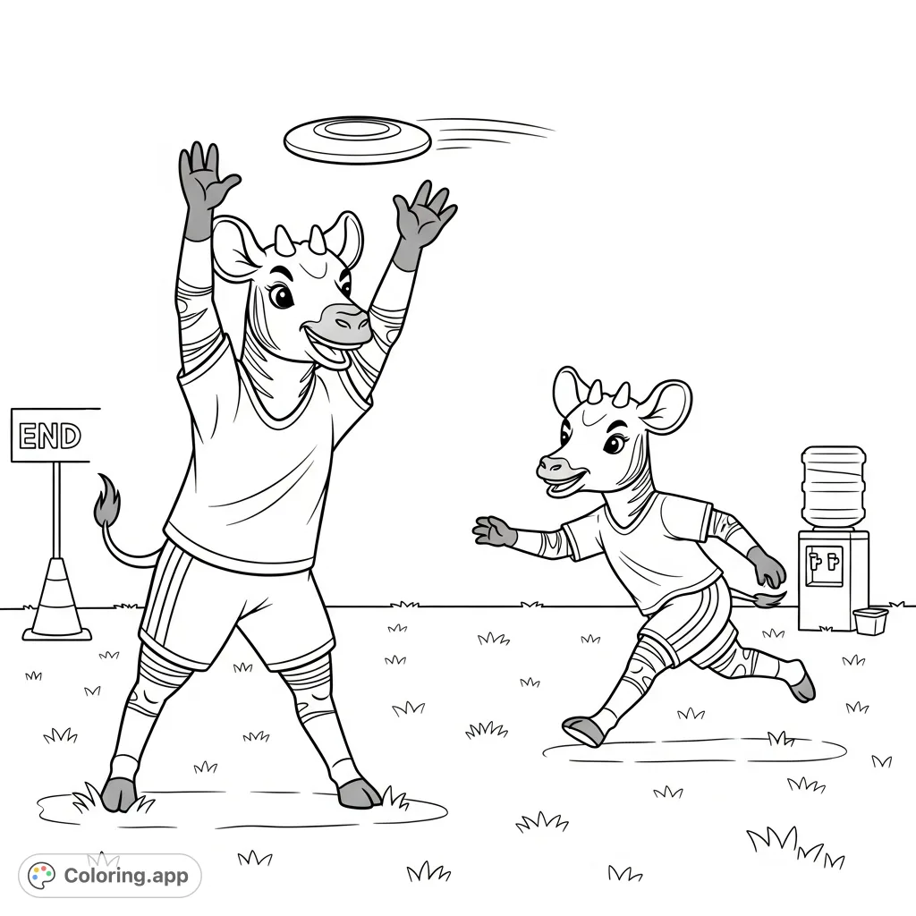 Two cheerful kawaii okapis enjoy an ultimate frisbee game on a grassy field, catching and passing the disc. A fun, playful, and charming scene.
