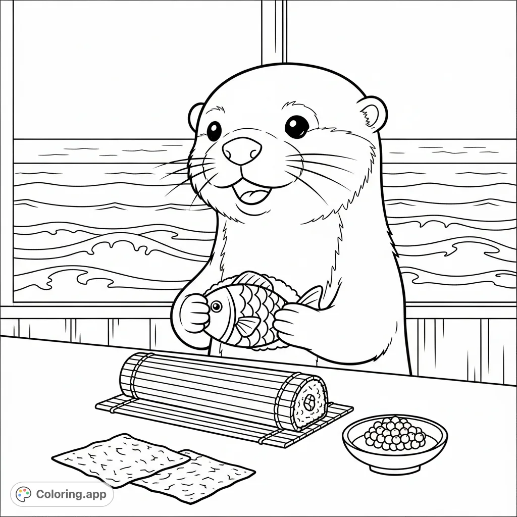 A delightful kawaii otter chef crafts fish-shaped sushi at a coastal counter with an ocean view. A charming, free printable coastal coloring page for adults.