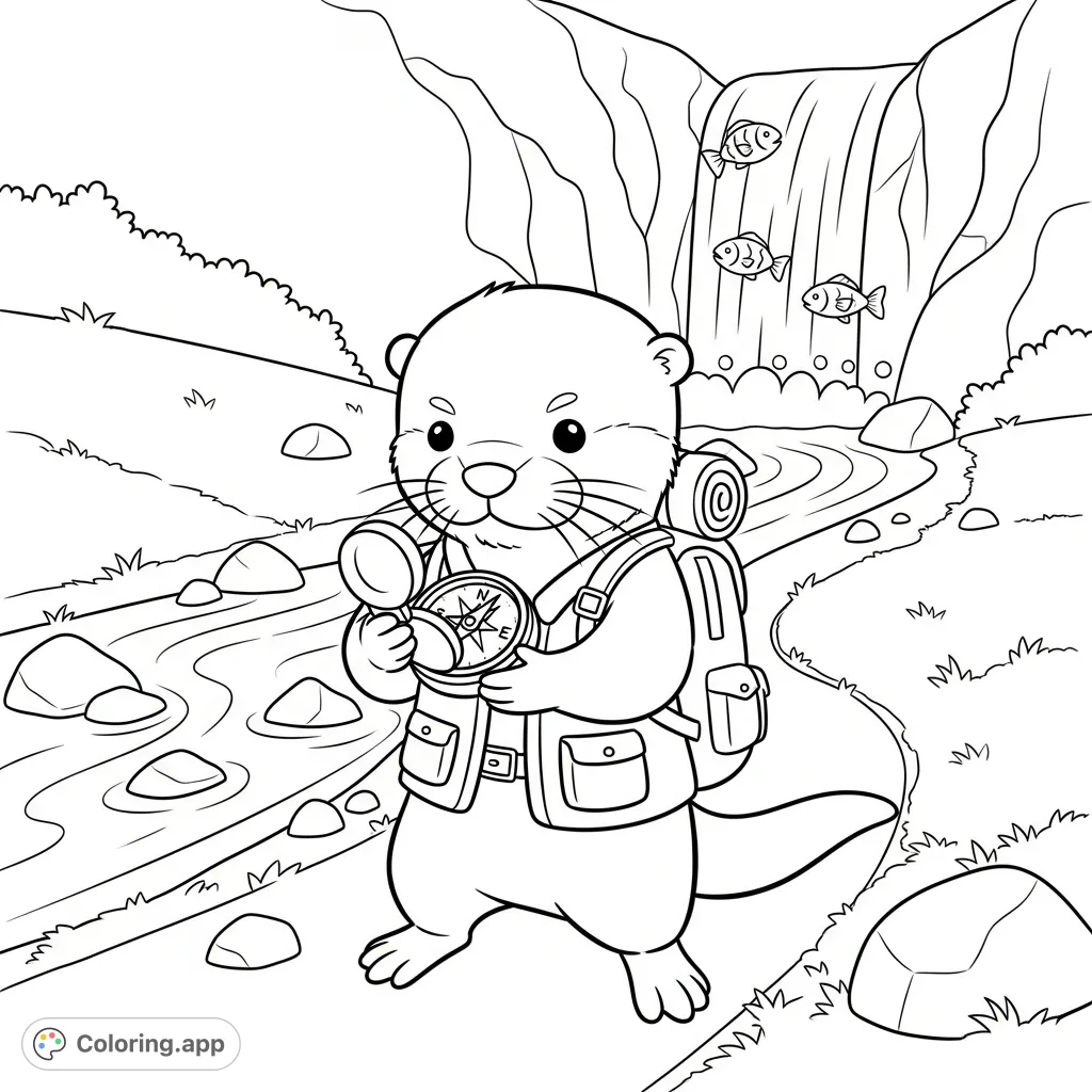 A charming kawaii otter, geared for adventure with a vest and backpack, carefully checks a compass on a forest trail with a flowing stream and waterfall.