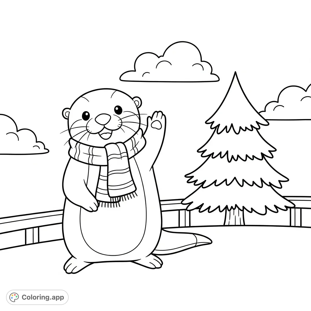 A charming kawaii otter waves from a snowy overlook, complete with an evergreen tree and fluffy clouds, perfect for cozy winter coloring fun.