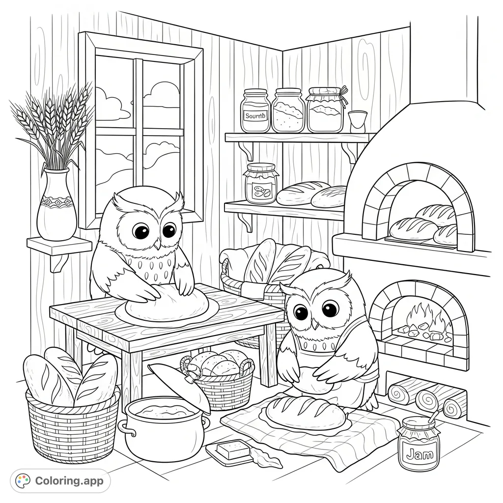 Charming kawaii owls bake artisan bread in a cozy cottage bakery, complete with a wood-fired oven and fresh loaves. A delightful baking scene for colorists.