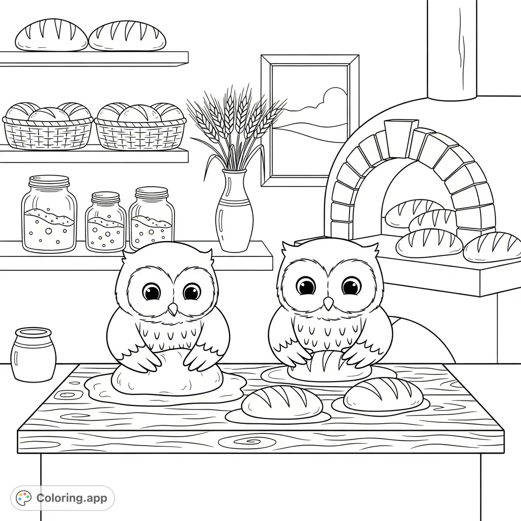 Discover a charming, free printable cottage bakery coloring page featuring two happy kawaii owls baking artisan bread in a cozy setting. Perfect for adult colorists!