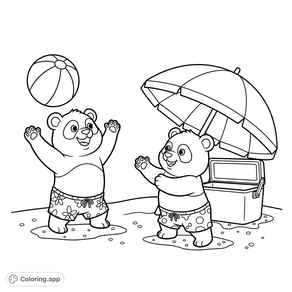 Two adorable kawaii pandas play catch on a sunny beach, complete with a beach ball, umbrella, and cooler. A charming beach scene coloring page.