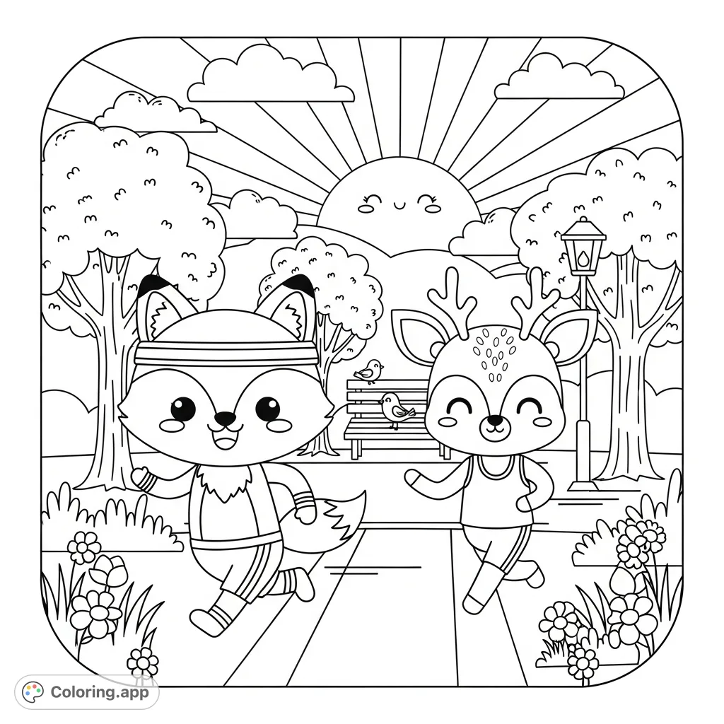 A delightful Kawaii fox and deer jog through a sunny park scene, featuring a happy sun, trees, and flowers. A cheerful free printable coloring page for all ages!