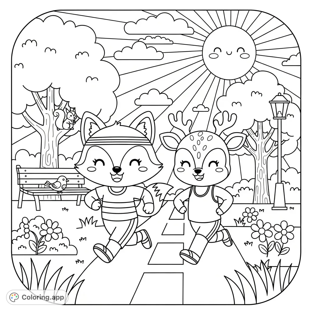 Join a kawaii fox and deer jogging through a sunny park, complete with a friendly sun, trees, and flowers. A delightful scene for creative coloring fun!