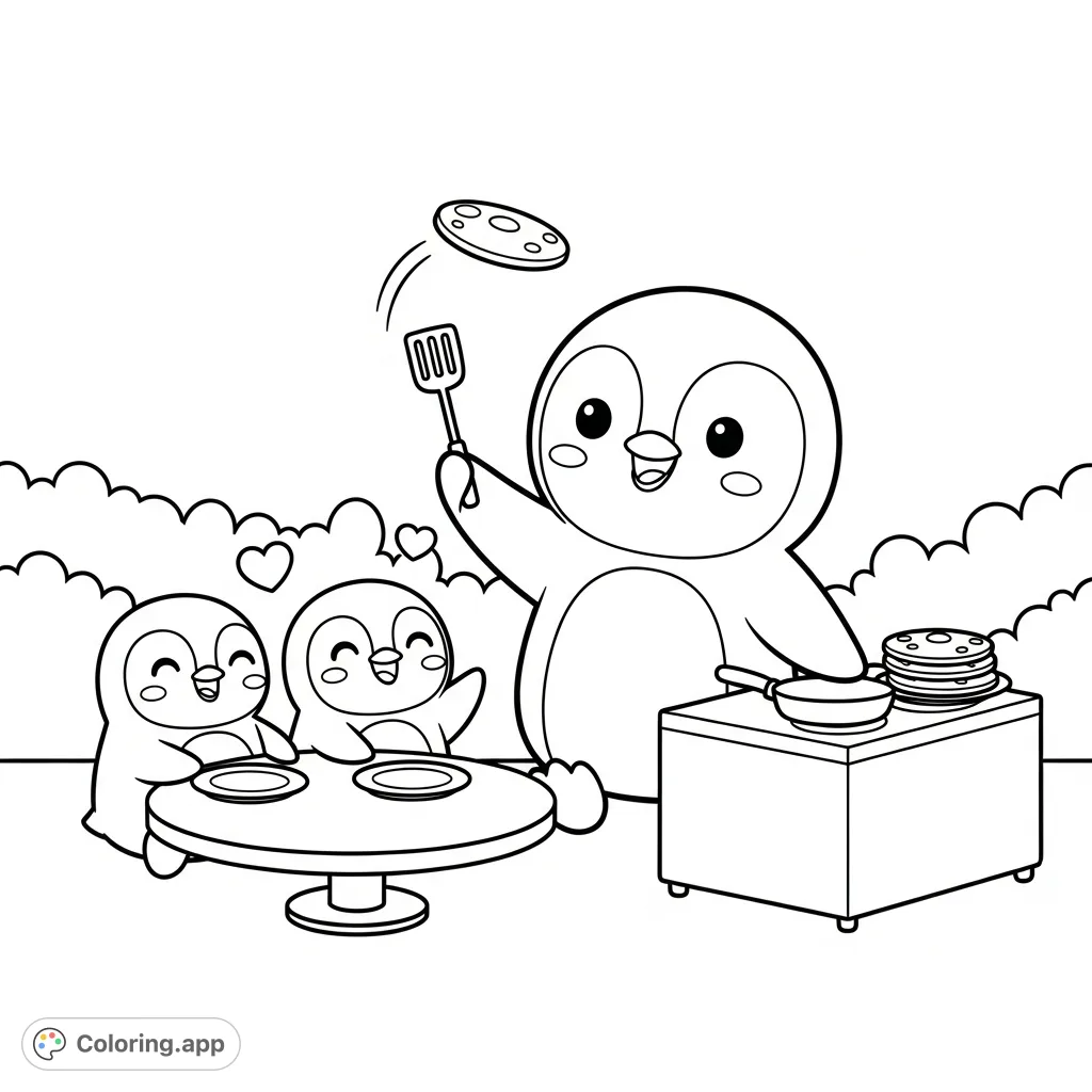 A delightful kawaii penguin family coloring page featuring a cheerful dad flipping pancakes for his eager kids, radiating warmth and happiness.