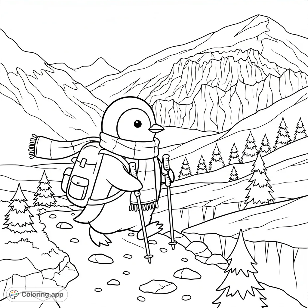 Embark on a charming journey with a focused kawaii penguin, complete with a scarf, backpack, and hiking pole, navigating a mountain path.