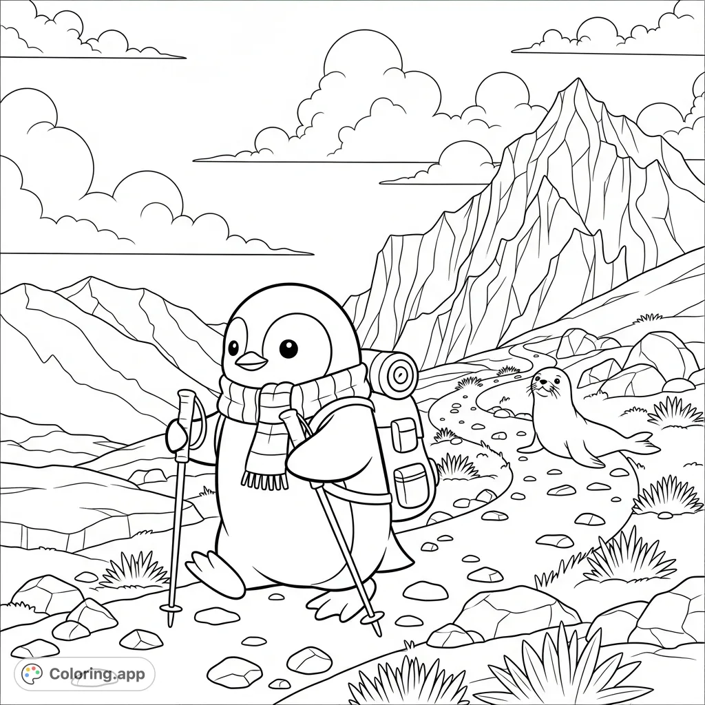Embark on a charming mountain journey with a kawaii penguin. This free printable coloring page features a cute hiker, a glacier, and a watchful seal.