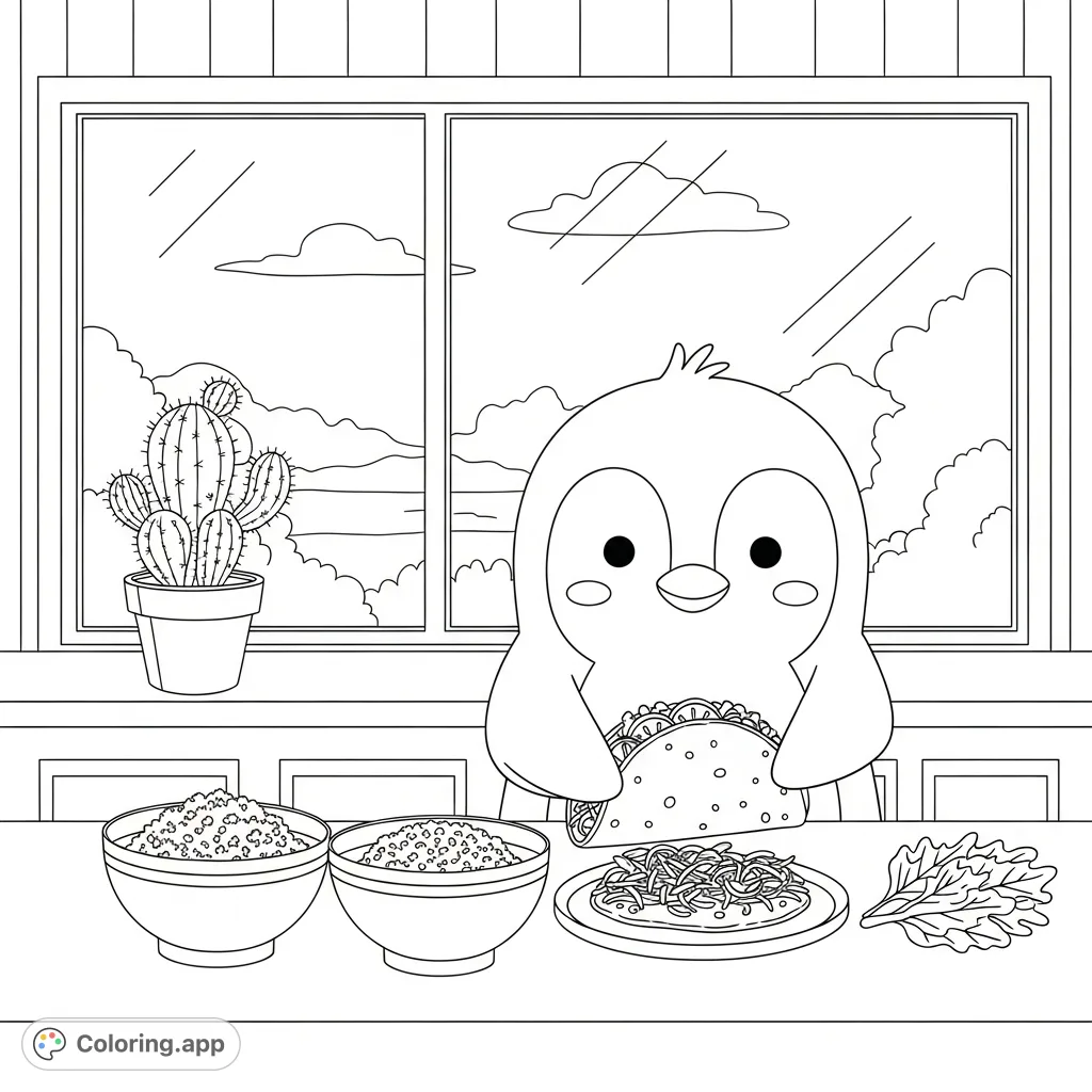 A charming kawaii penguin assembles a delicious taco, surrounded by toppings and a cozy kitchen scene with a window view and a potted cactus.