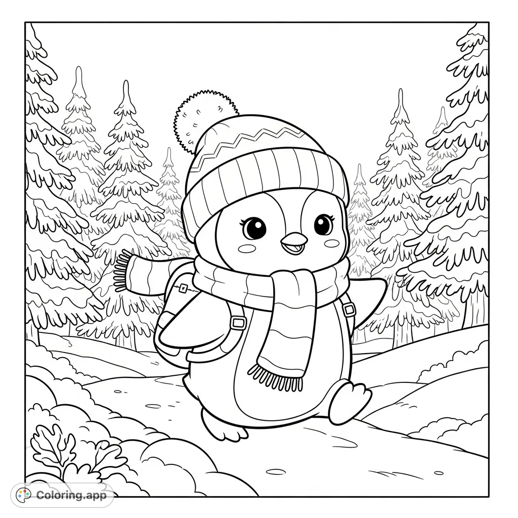 An adorable kawaii penguin in a scarf and hat, hiking through a snowy pine forest. A delightful free printable winter forest coloring page for kids!