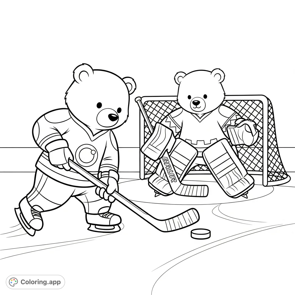 Delightful kawaii polar bears play ice hockey on a rink. One takes a shot, the other guards the net in this charming and active scene.