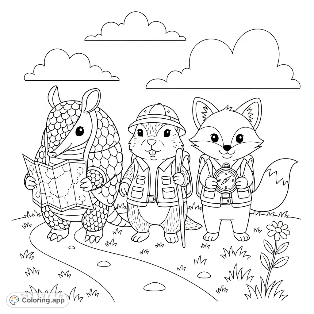 Three charming kawaii animals—an armadillo, prairie dog, and fox—embark on an adventure along a prairie trail, equipped with explorer vests and gear.