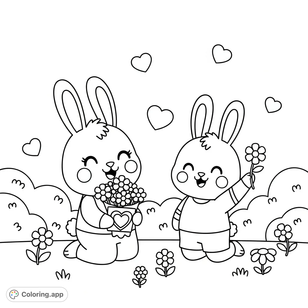 A delightful kawaii rabbit siblings coloring page featuring an older sister and younger brother picking flowers in a charming garden, perfect for kids!