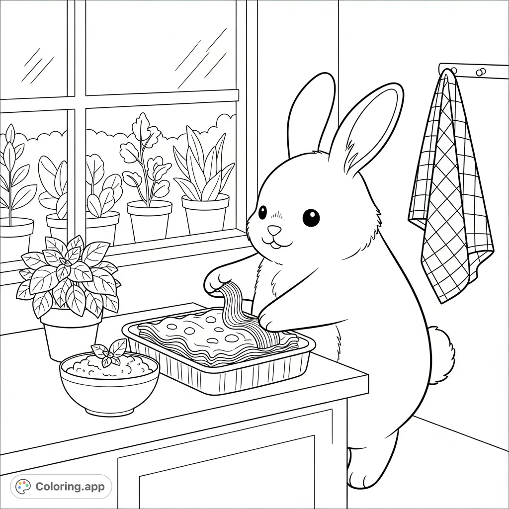 Discover a delightful kawaii rabbit layering lasagna in a cozy kitchen, complete with a garden view. A charming cooking scene perfect for unwinding.