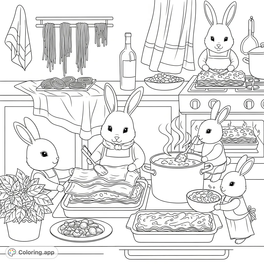 A charming Italian kitchen coloring page featuring kawaii rabbits collaboratively making lasagna. Explore cozy details, hanging pasta, and a bubbling oven.
