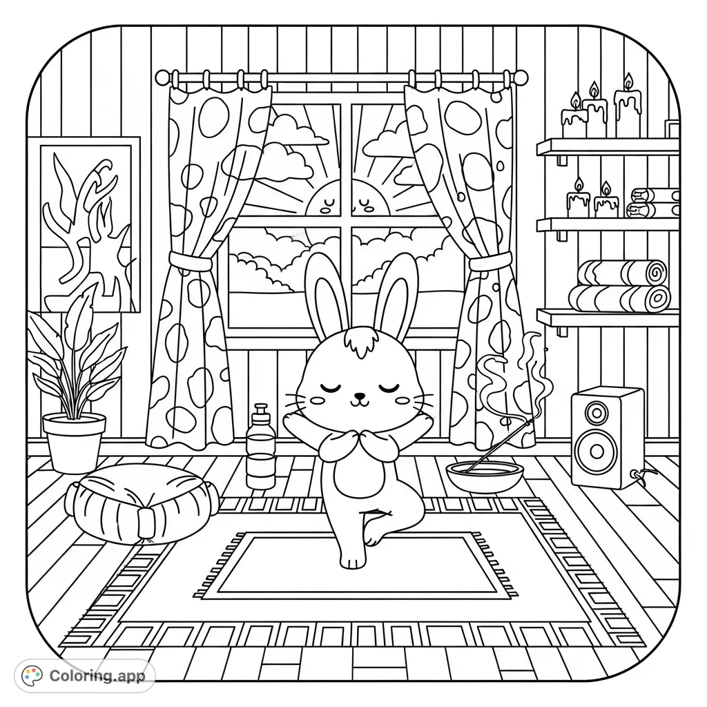 An adorable kawaii rabbit practices a serene yoga pose in a tranquil room, complete with a peaceful sunrise view. Perfect for calm coloring fun!