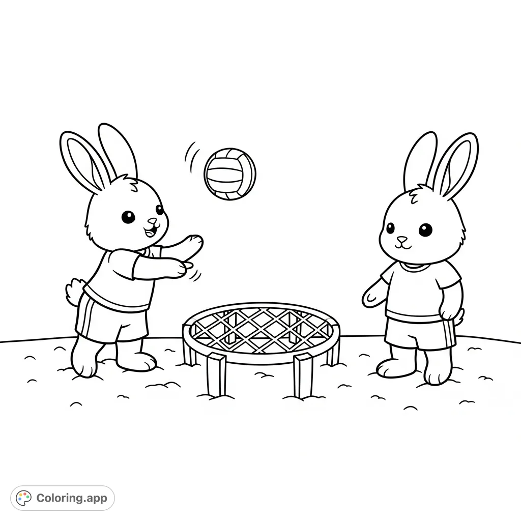 Two happy kawaii rabbits enjoy a friendly game of spikeball on the sand. A charming scene for a relaxing coloring experience, perfect for kawaii fans.